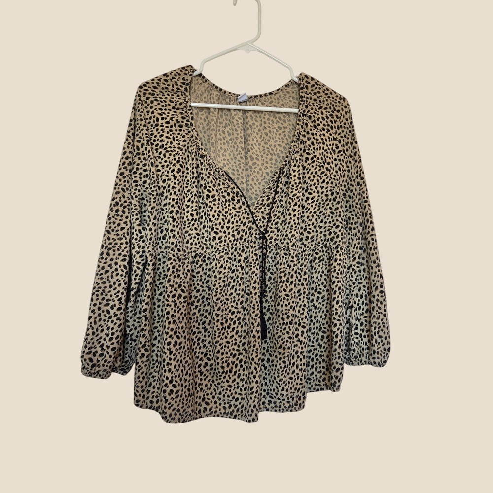 Old‎ Navy Leopard Print Babydoll Top Womens Large Tan Black Tassel Tie Blouse